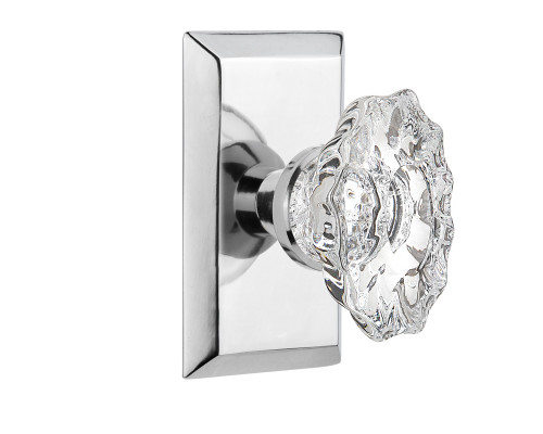 Nostalgic 713656: Studio Backplate w/Chateau Knob Passage Door Set - Bright Chrome