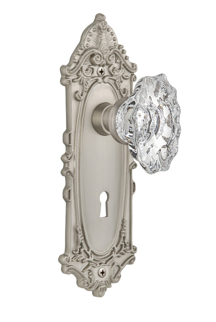 Nostalgic 713803: Victorian Backplate w/Chateau Knob Single Dummy Door Set - Satin Nickel
