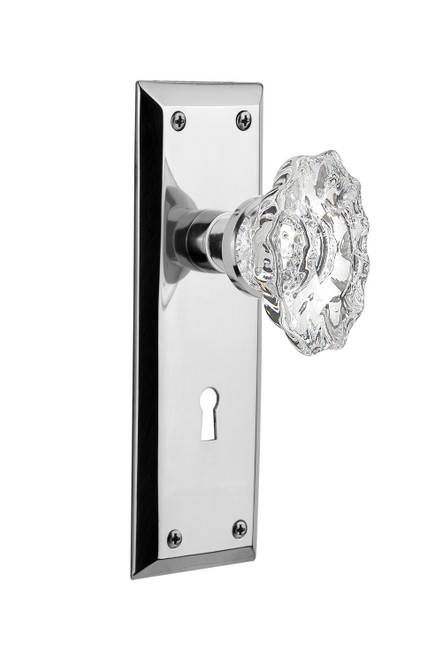 Nostalgic 713987: New York Backplate w/Chateau Knob Privacy Door Set - Bright Chrome