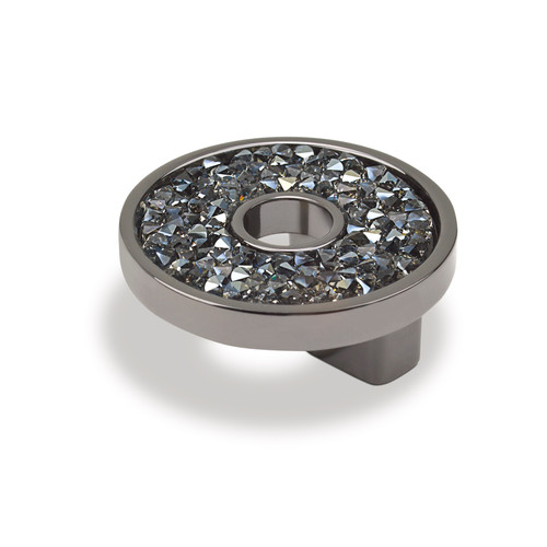 Topex 1-1/4" Contemporary Flat Round Cabinet Knob - Swarovski Crystal and Black/Blue Nickel