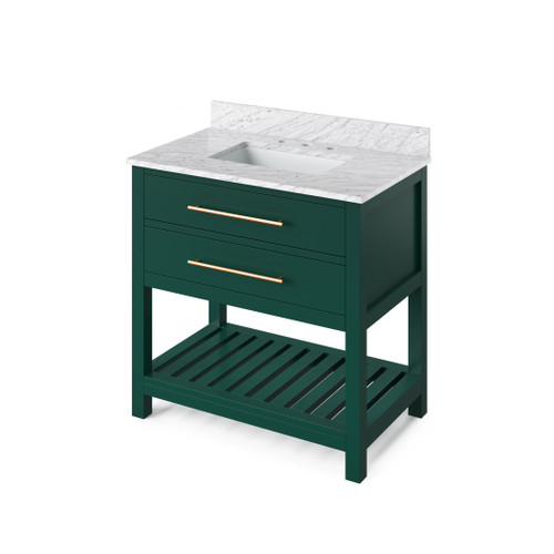 Jeffrey Alexander 36" Wavecrest Single Bowl Vanity - Green Cabinet with White Carrara Marble Top