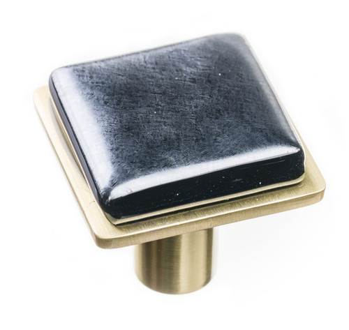 Sietto K-1302-SB: 1-1/4" Geometric Cabinet Knob - Iridescent Black w/Satin Brass Base