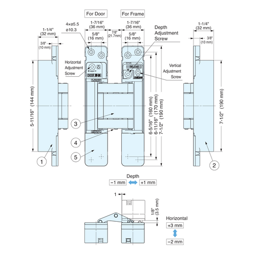 Sugatsune HES3D-W190BL-UL: 190mm 3-Way Adjustable Concealed Door Hinge (UL) - Black