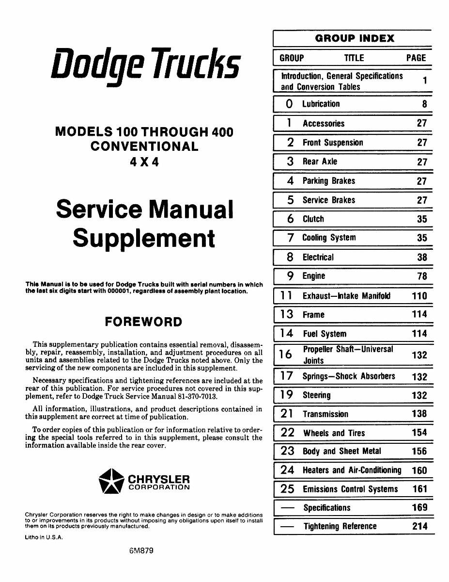Service Manual for 1978 Dodge Truck DPRC4378TSMSUP
