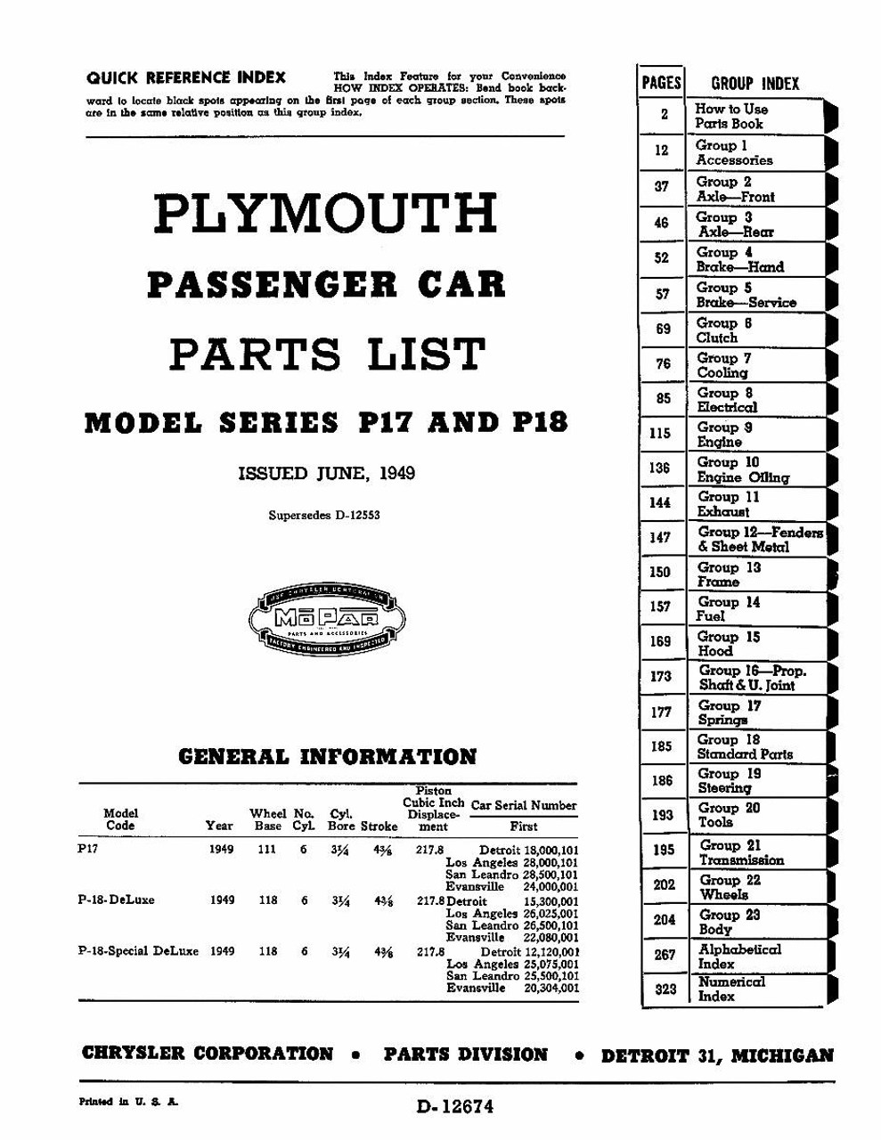 Parts Catalog for 1949 Plymouth P17, P18 Series DPRC7249PPB
