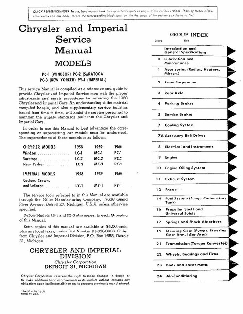 Service Manual for 1960 Chrysler Imperial