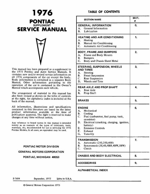 Service Manual for 1976 Pontiac