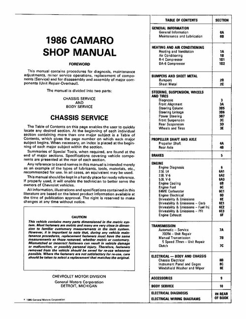 Service Manual for 1986 Chevy Camaro Service Manual for 1986 Chevy Camaro