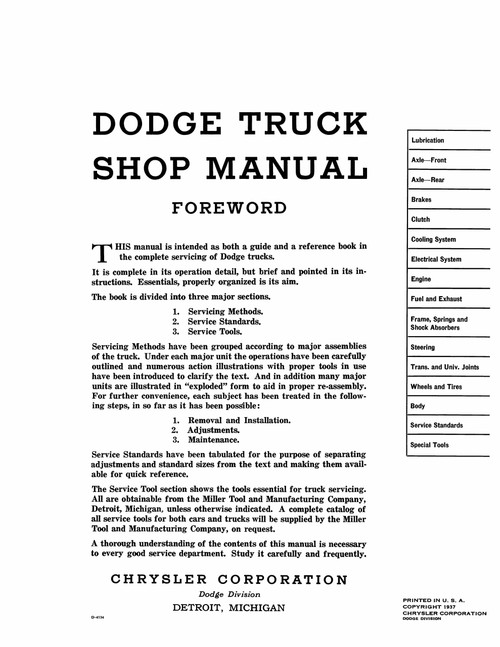 Service Manual for 1937 Dodge Truck M Series