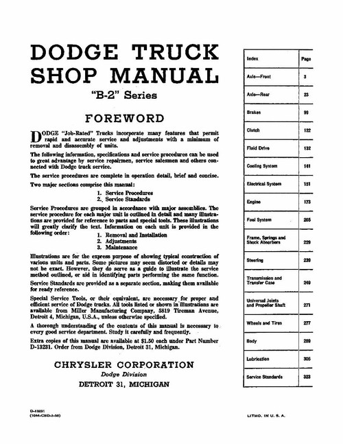 Service Manual for 1950 Dodge Truck B-2 Series
