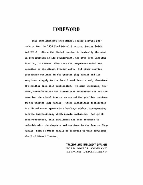 Service Manual for 1958 Ford Tractor 801-D and 901-D Diesel