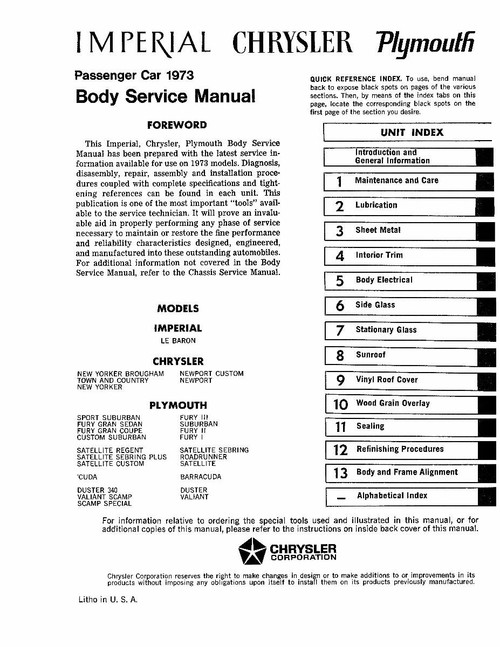 1973 Plymouth Chrysler Imperial Body Service Manual