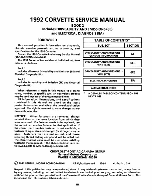 Service Manual for 1992 Chevrolet Corvette