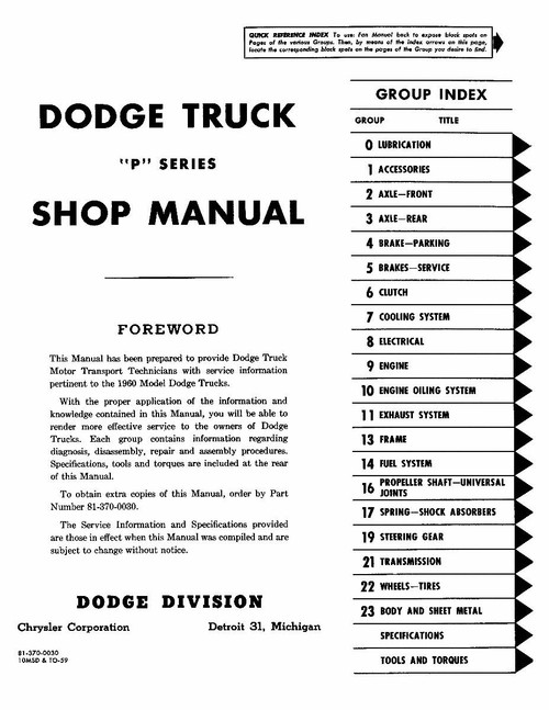 Service Manual for 1960 Dodge Truck P Series