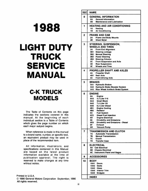 Service Manual for 1988 Chevy C-K Truck Service Manual for 1988 Chevy C-K Truck