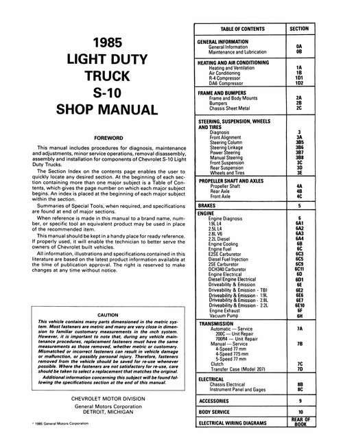 Service Manual for 1985 Chevy S-10 LD Truck Service Manual for 1985 Chevy S-10 LD Truck