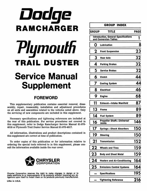 Service Manual for 1975-1976 Dodge Ramcharger, Trail Duster