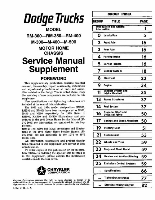 Service Manual for 1973-1975 Dodge Motor Home