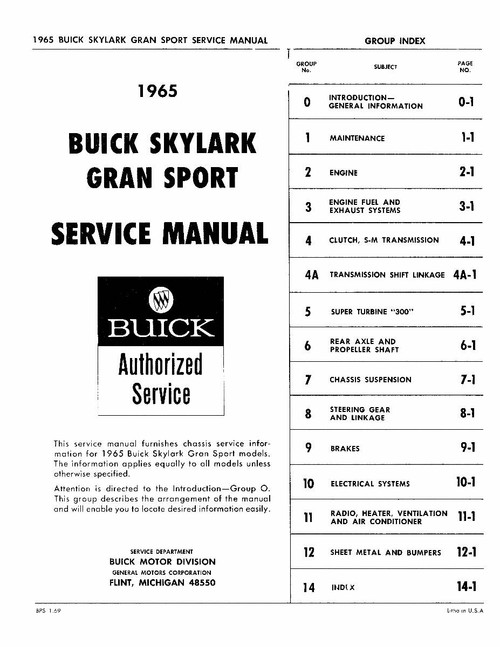 Service Manual for 1965 Buick Skylark Gran Sport