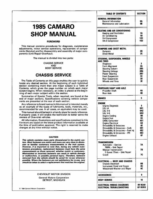 Service Manual for 1985 Chevy Camaro Service Manual for 1985 Chevy Camaro