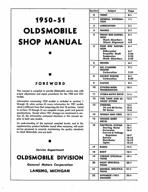 Service Manual for 1950-51 Oldsmobile