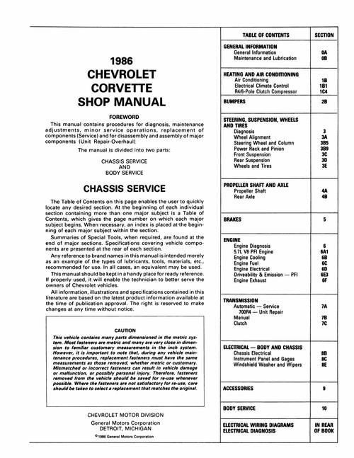 Service Manual for 1986 Chevrolet Corvette