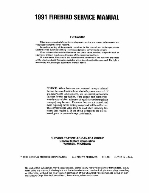 Service Manual for 1991 Pontiac Firebird