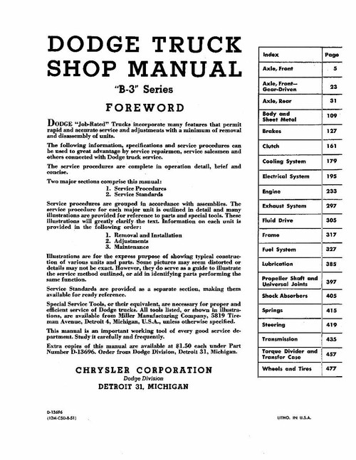 Service Manual for 1951-1952 Dodge Truck B3