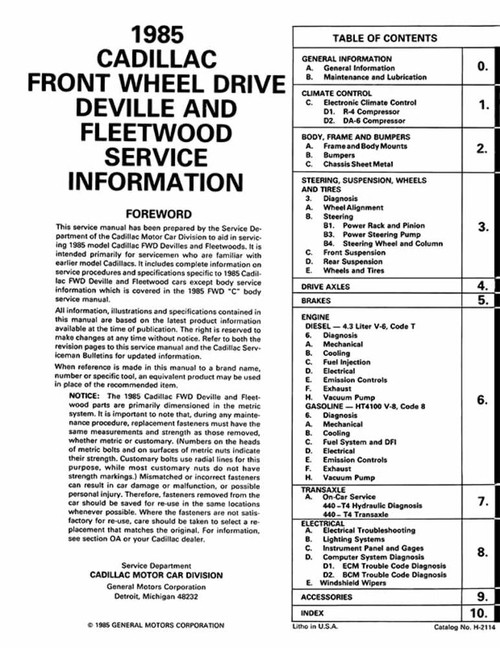 Service Manual for 1985 Cadillac Deville, Fleetwood