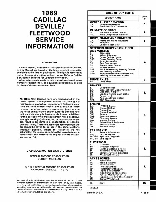 Service Manual for 1989 Cadillac Deville, Fleetwood