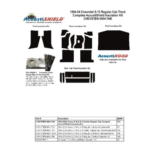 Insulation Sound Deadener for 94-04 Chevy S-10 & S-15 Series Std Cab Complete