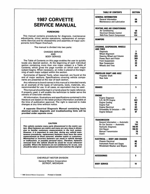Service Manual for 1987 Chevrolet Corvette