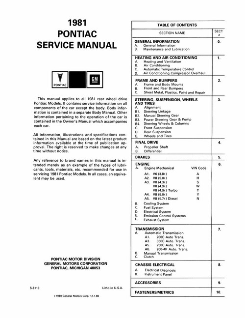 Service Manual for 1981 Pontiac Grand Prix, LeMans, Firebird
