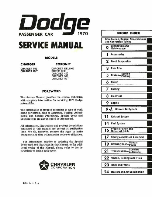 Service Manual for 1970 Dodge Charger, Coronet