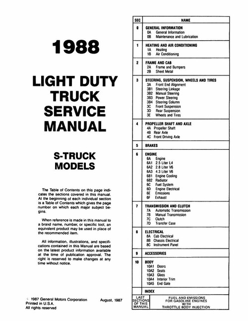 Service Manual for 1988 Chevy S-10 LD Truck Service Manual for 1988 Chevy S-10 LD Truck