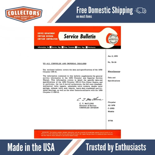 1958 Chrysler 300-D Service Bulletin