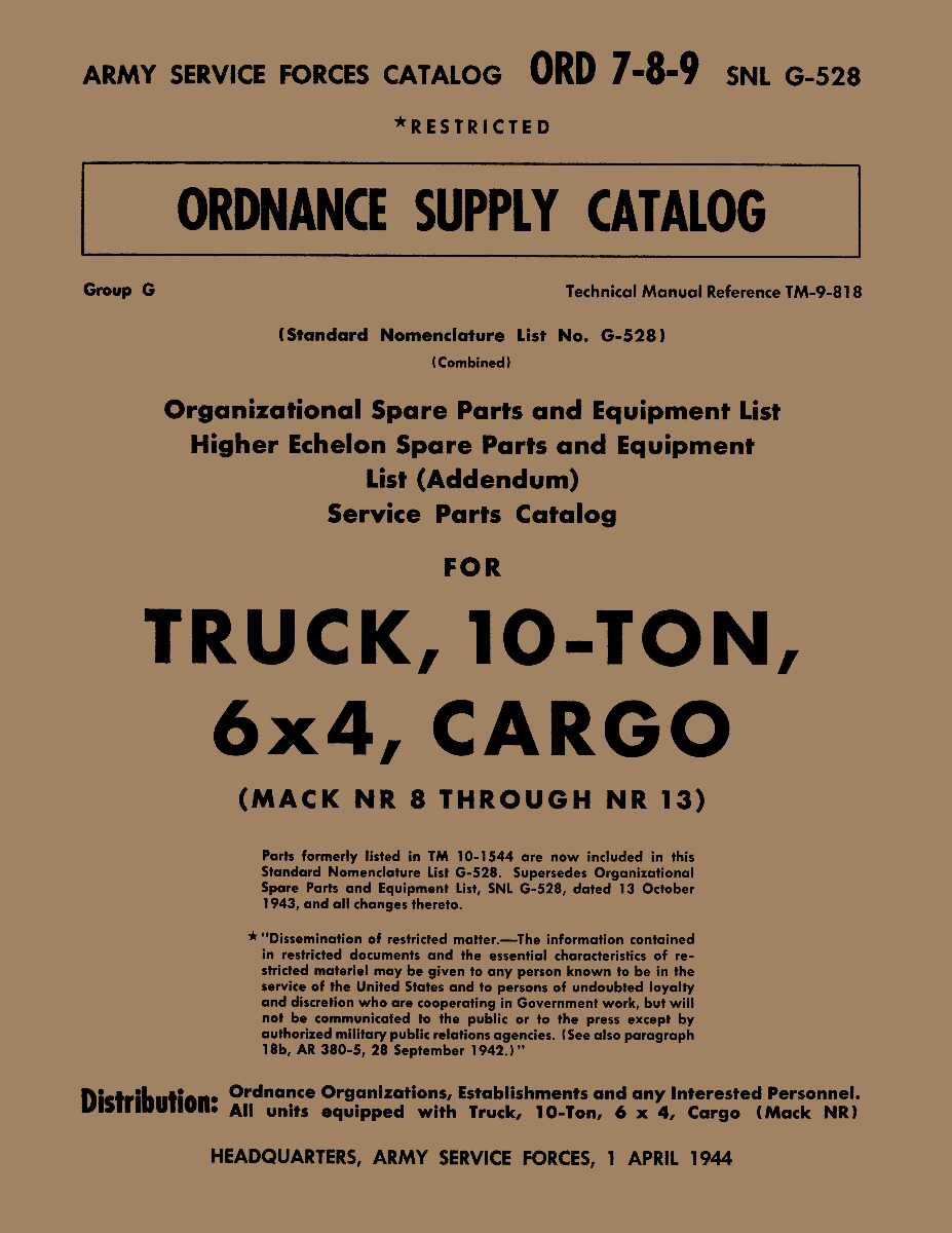 Parts Catalog for 1944 WWII Military Mack Truck