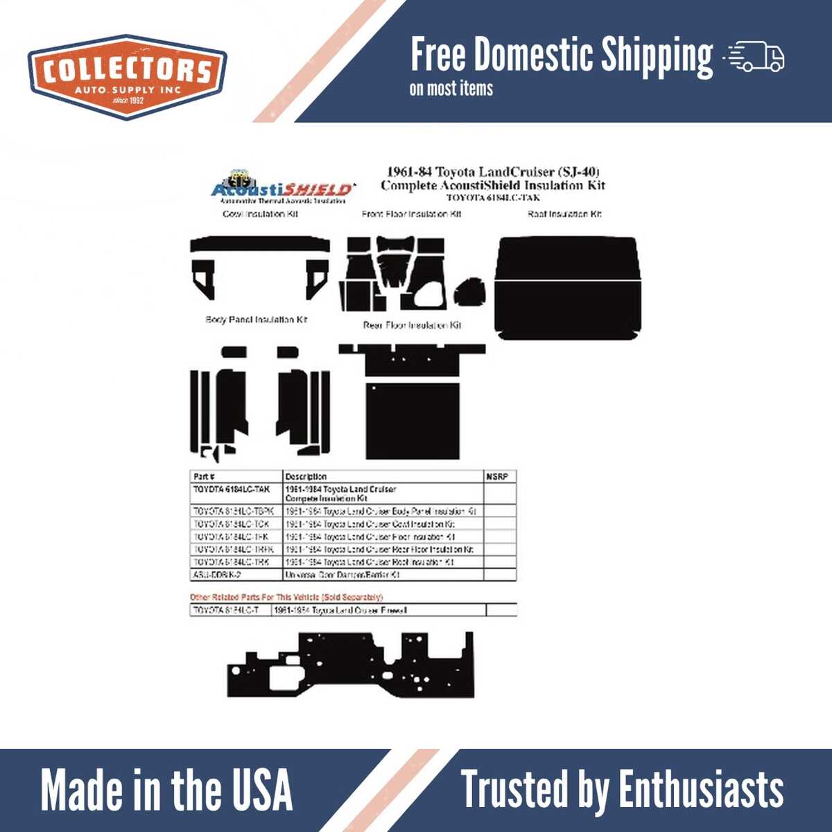 Insulation Sound Deadener Kit for 1961-1984 Toyota Land Cruiser Shield Complete