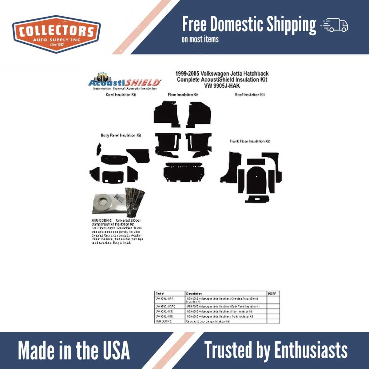 Insulation Sound Deadener Kit for 99-05 Volkswagen Jetta Hatchback Complete