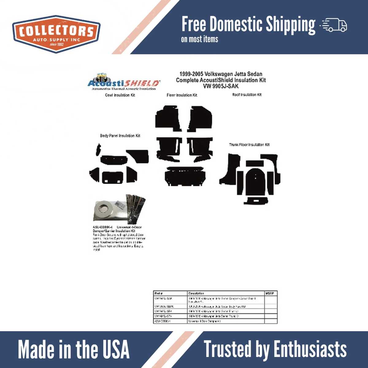 Insulation Sound Deadener Kit for 1999-05 Volkswagen Jetta Sedan Shield Complete