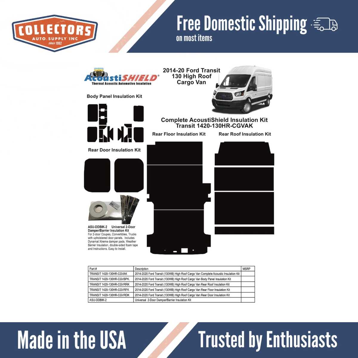 Complete Interior Insulation Kit for 2014-2020 Ford Transit High Roof Cargo Van 130"