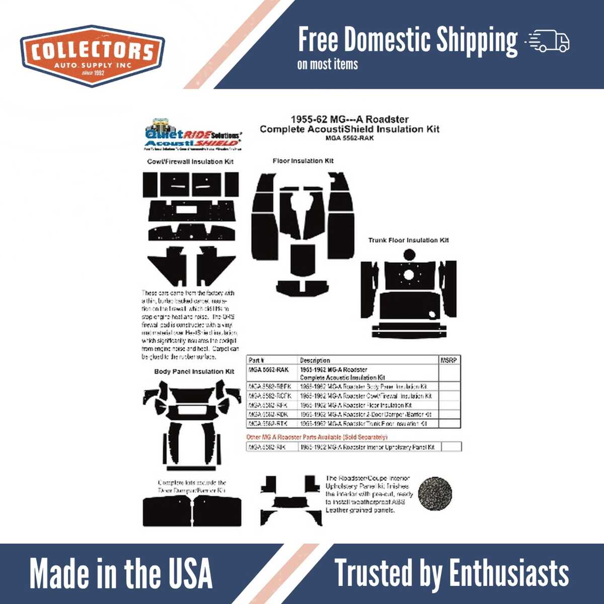 Complete Interior Insulation Kit for 1955-1962 Mg Mga Roadster