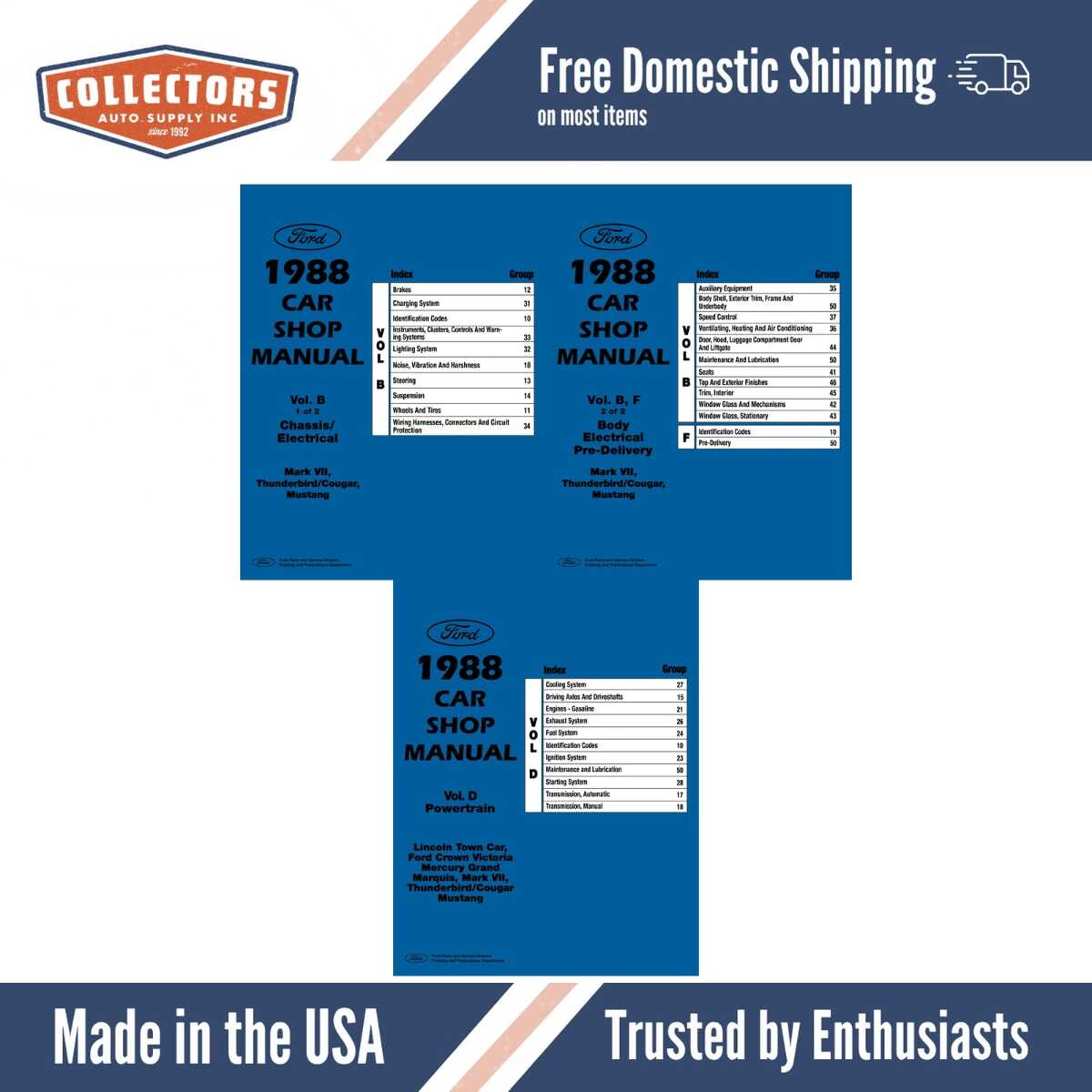1988 Ford Mustang, Thunderbird, Mark VII, Cougar Shop Manual Set - Volumes B, D, & F