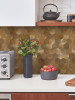 Industrial kitchen backsplash featuring Bronze Metal hexagon peel and stick composite wall tiles.