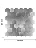 Product dimensions for Silver Aluminium AMHT00 hexagon tiles showing the 4mm thick rigid composite structure.
