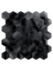Professional product shot of a single sheet of BMHT65 matte black metal hexagon composite wall tiles.