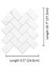 Dimensions for Carrara White Herringbone Peel & Stick tile sheet: 10.7 inches (27.2cm) in height and 9.5 inches (24cm) in length.
