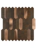 Front-facing view of a single copper metal picket peel and stick wall tile showing its elongated hexagonal shape