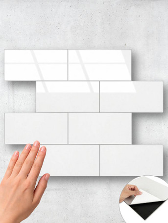 Modern interior with large white subway composite tiles by Layed WSTL63 peel and stick wall application