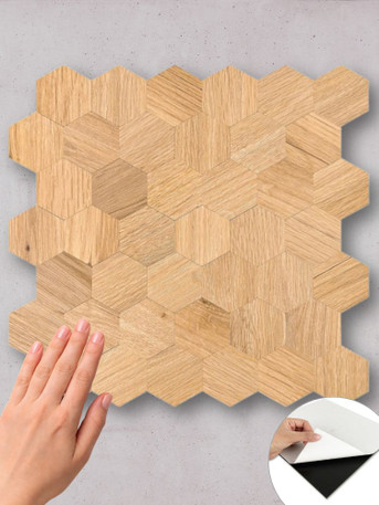 Layed Brand OWHT49 Oak Wood Hexagon peel and stick composite wall tiles.